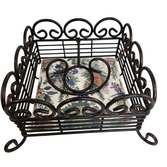 Scrolled Cast Iron Napkin Holder Rustic Tabletop Design Decorative Black Square - Picture 3 of 8